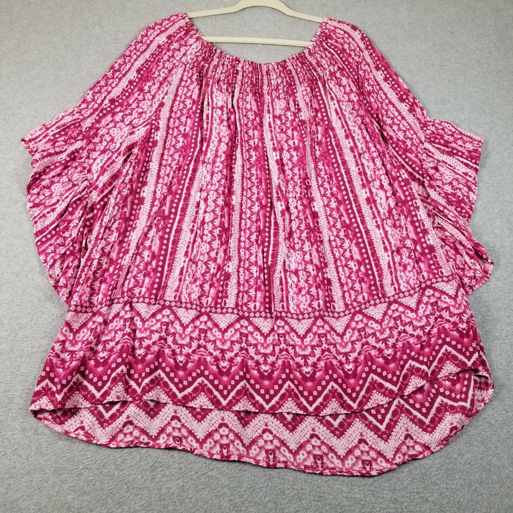 Terra & Sky Tunic Top Women 2X Plus Pink White Geometric Boho 3/4 Sleeve Festive